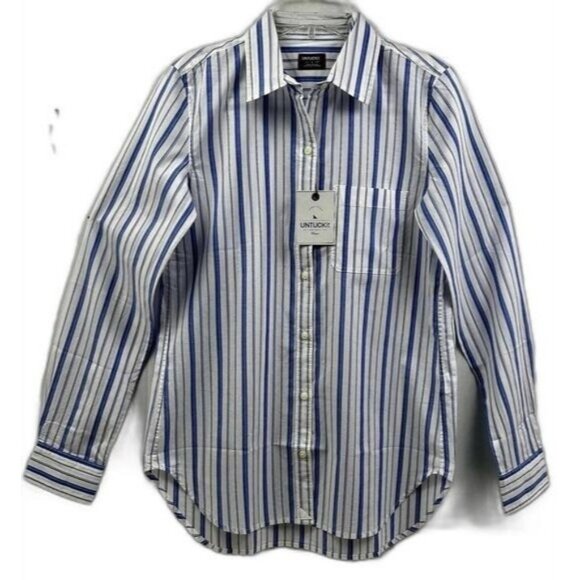 Untuckit "Pinot Perse" Women's Reg Fit Blue & White Striped Button-Down Sz 12 - Picture 1 of 4